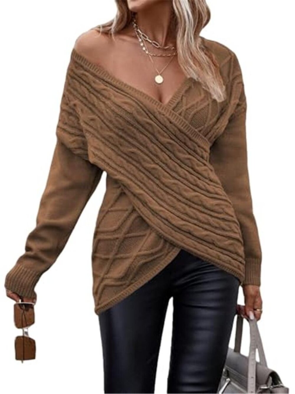 Women's Sexy Off Shoulder Criss Cross Cable Knit Pullover Sweater